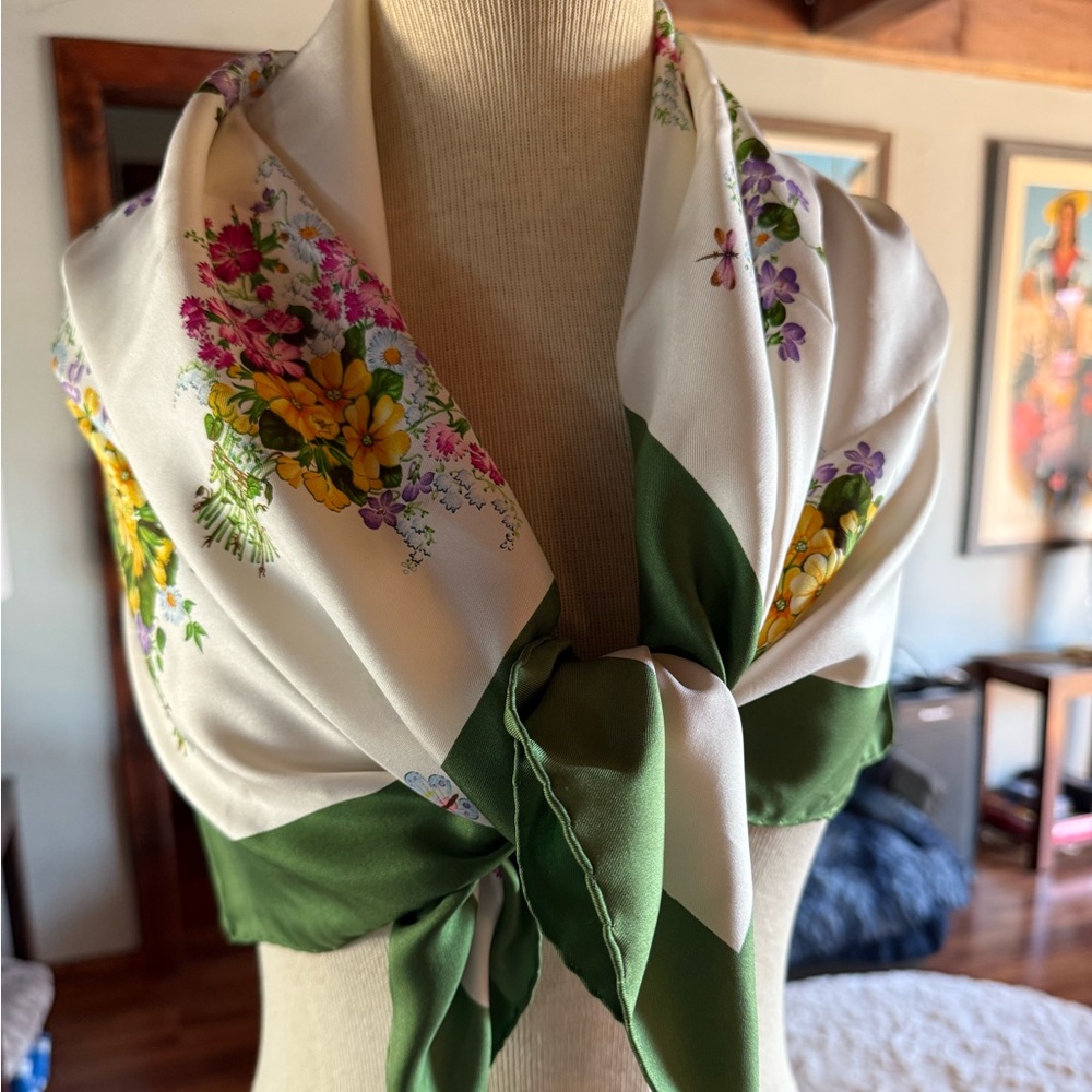 Gucci Silk Scarf with Green and White Floral Design
